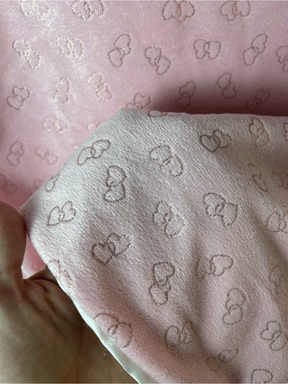 RN 150856 Pink Hearts Baby Blanket White Sherpa Shiny Metallic lovey